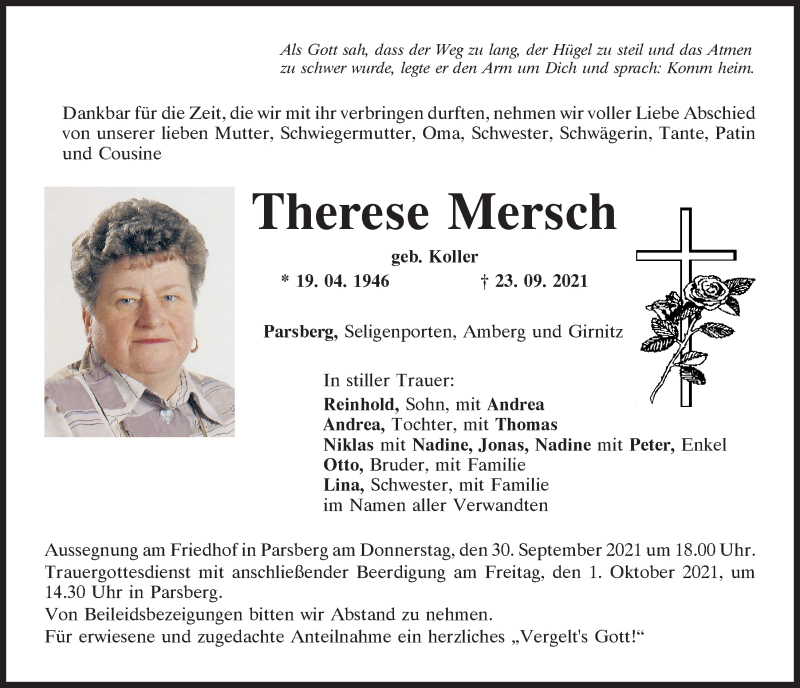  Traueranzeige für Therese Mersch vom 29.09.2021 aus Neumarkter Tagblatt