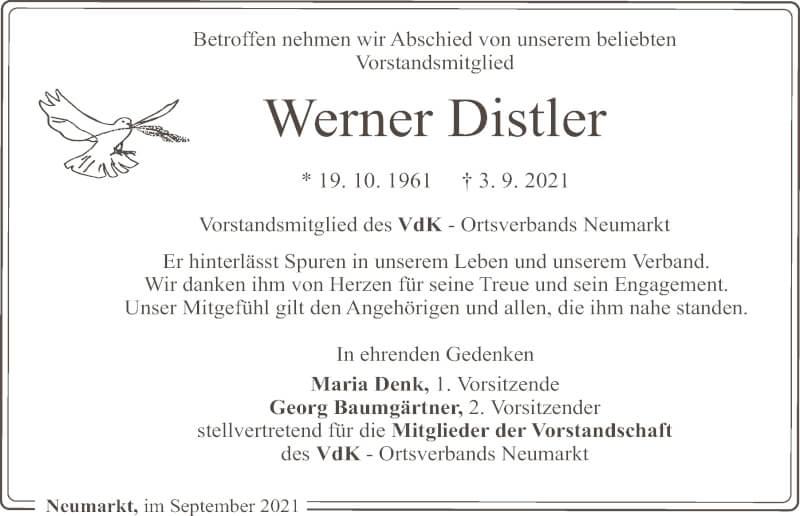  Traueranzeige für Werner Distler vom 25.09.2021 aus Neumarkter Tagblatt
