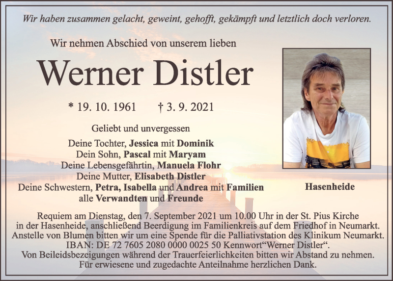  Traueranzeige für Werner Distler vom 06.09.2021 aus Neumarkter Tagblatt