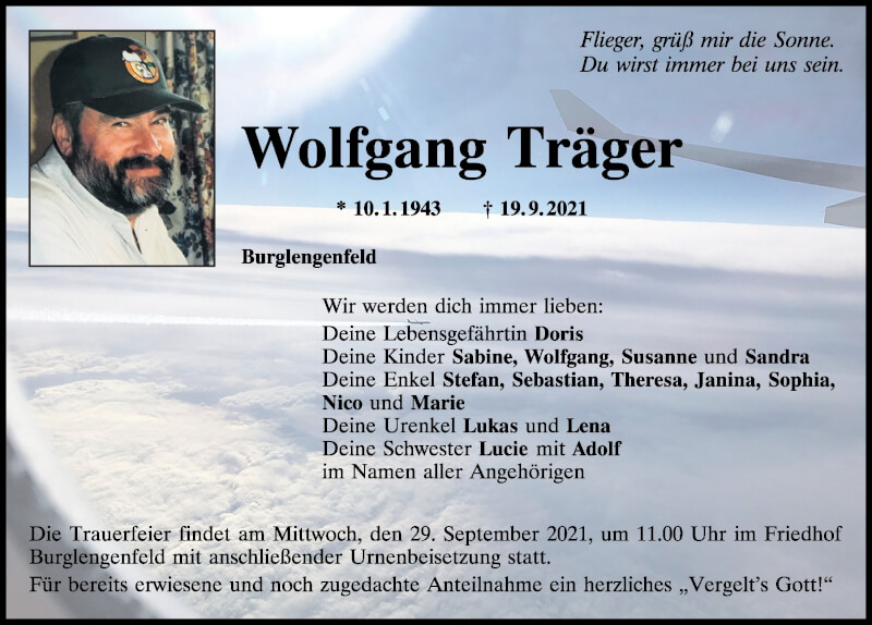  Traueranzeige für Wolfgang Träger vom 25.09.2021 aus Mittelbayerische Zeitung Schwandorf