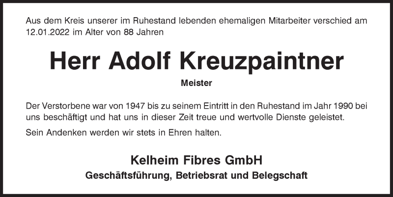  Traueranzeige für Adolf Kreuzpaintner vom 18.01.2022 aus Mittelbayerische Zeitung Kelheim