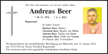 Traueranzeige von Andreas Beer von Mittelbayerische Zeitung Regensburg