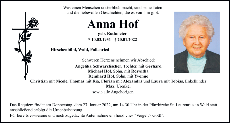  Traueranzeige für Anna Hof vom 22.01.2022 aus Bayerwald Echo
