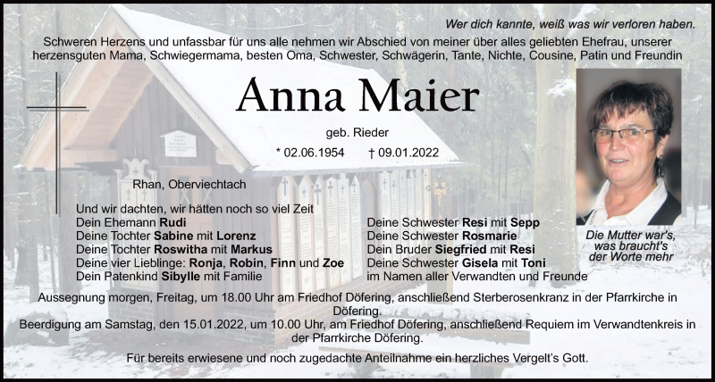  Traueranzeige für Anna Maier vom 13.01.2022 aus Bayerwald Echo