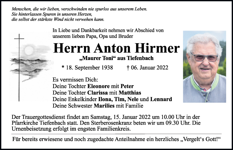  Traueranzeige für Anton Hirmer vom 13.01.2022 aus Bayerwald Echo