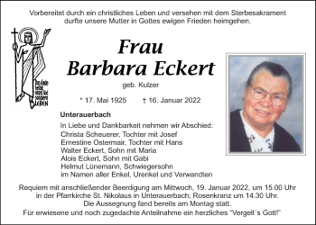 Traueranzeige von Barbara Eckert von Mittelbayerische Zeitung Schwandorf