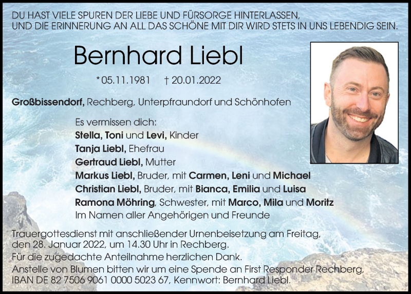 Traueranzeige für Bernhard Liebl vom 25.01.2022 aus Neumarkter Tagblatt