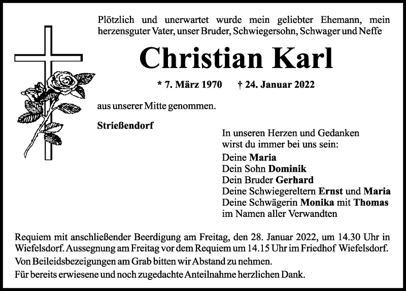  Traueranzeige für Christian Karl vom 26.01.2022 aus Mittelbayerische Zeitung Schwandorf