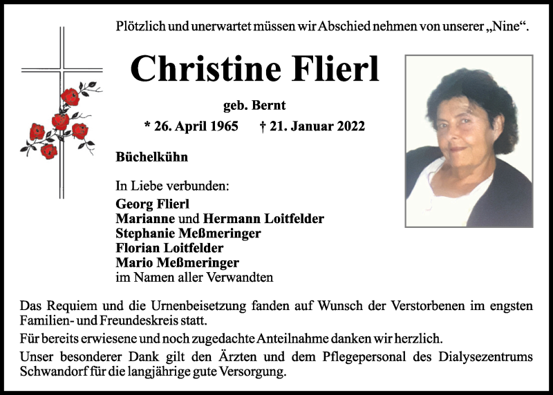  Traueranzeige für Christine Flierl vom 29.01.2022 aus Mittelbayerische Zeitung Schwandorf
