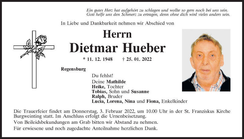  Traueranzeige für Dietmar Hueber vom 29.01.2022 aus Mittelbayerische Zeitung Regensburg