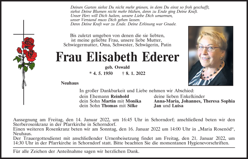  Traueranzeige für Elisabeth Ederer vom 12.01.2022 aus Bayerwald Echo