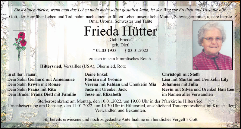  Traueranzeige für Frieda Hütter vom 08.01.2022 aus Bayerwald Echo