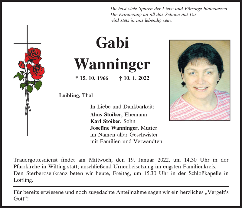  Traueranzeige für Gabi Wanninger vom 14.01.2022 aus Bayerwald Echo