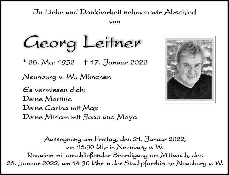  Traueranzeige für Georg Leitner vom 19.01.2022 aus Mittelbayerische Zeitung Schwandorf