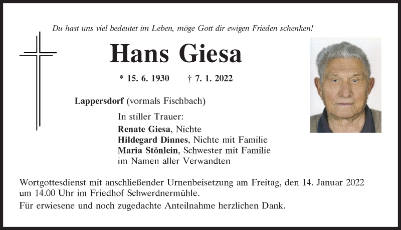  Traueranzeige für Hans Giesa vom 12.01.2022 aus Mittelbayerische Zeitung Regensburg