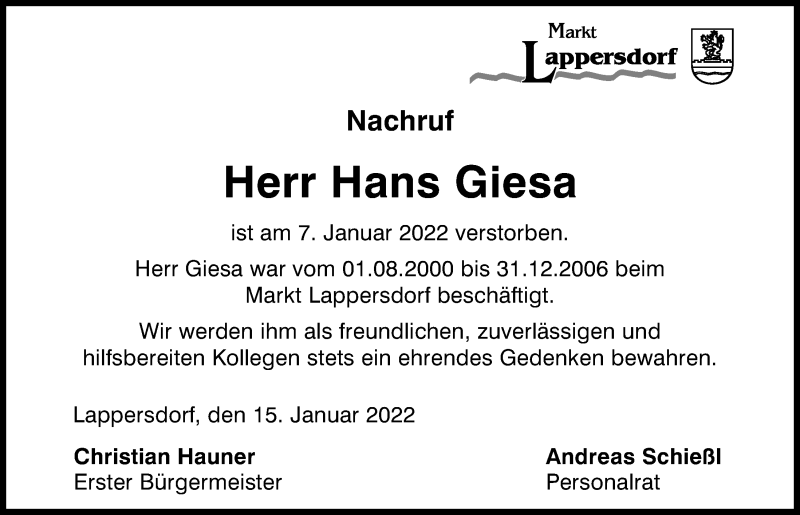  Traueranzeige für Hans Giesa vom 15.01.2022 aus Mittelbayerische Zeitung Regensburg