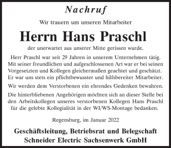 Traueranzeige von Hans Praschl von Mittelbayerische Zeitung Schwandorf