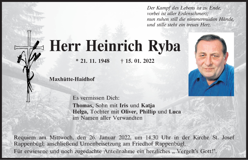  Traueranzeige für Heinrich Ryba vom 22.01.2022 aus Mittelbayerische Zeitung Schwandorf