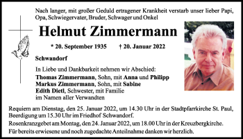 Traueranzeige von Helmut Zimmermann von Mittelbayerische Zeitung Schwandorf