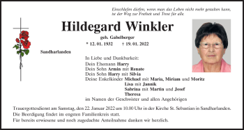 Traueranzeige von Hildegard Winkler von Mittelbayerische Zeitung Kelheim