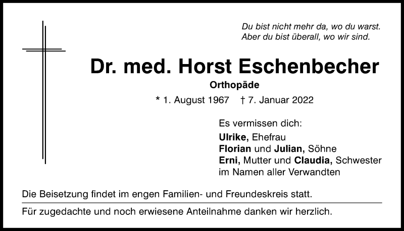  Traueranzeige für Horst Eschenbecher vom 12.01.2022 aus Mittelbayerische Zeitung Regensburg