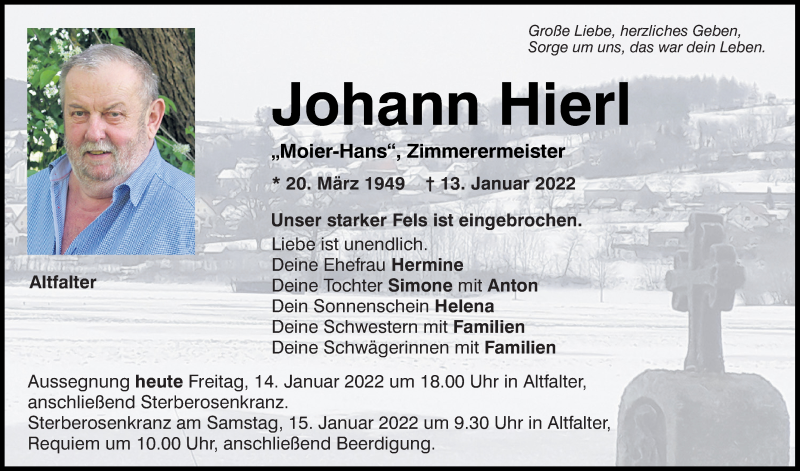  Traueranzeige für Johann Hierl vom 14.01.2022 aus Mittelbayerische Zeitung Schwandorf
