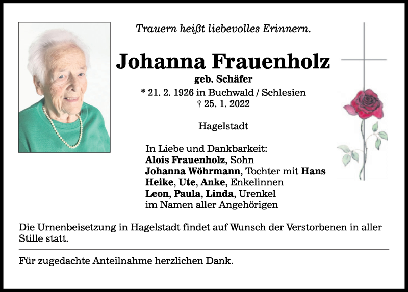  Traueranzeige für Johanna Frauenholz vom 29.01.2022 aus Mittelbayerische Zeitung Regensburg