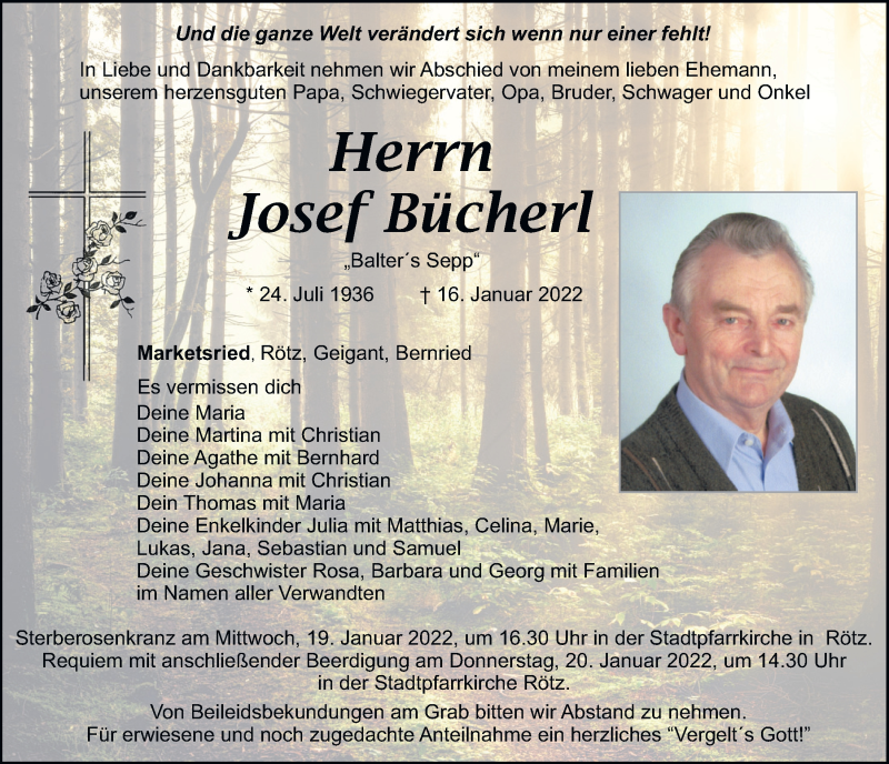  Traueranzeige für Josef Bücherl vom 18.01.2022 aus Bayerwald Echo