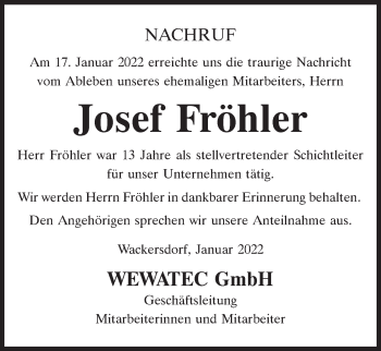 Traueranzeige von Josef Fröhler von Mittelbayerische Zeitung Schwandorf