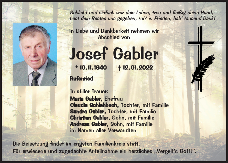  Traueranzeige für Josef Gabler vom 15.01.2022 aus Mittelbayerische Zeitung Regensburg