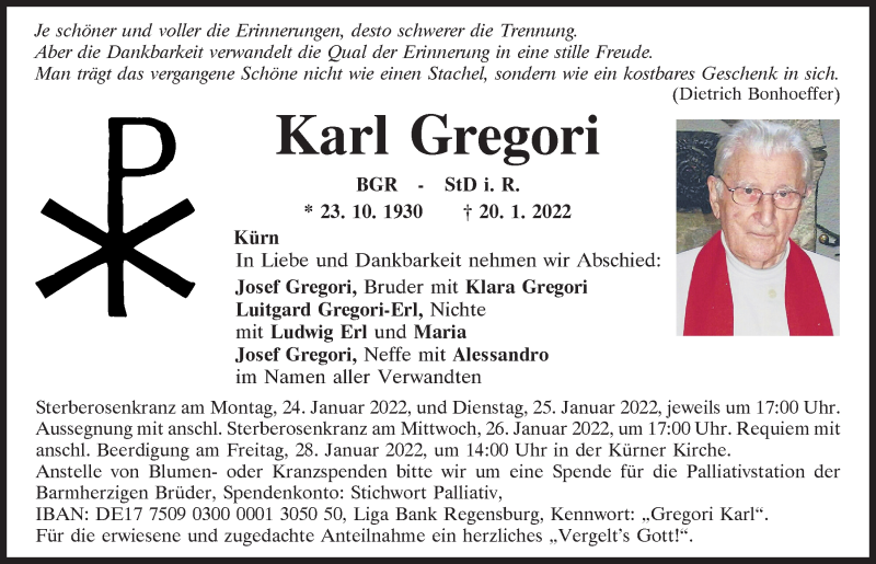  Traueranzeige für Karl Gregori vom 22.01.2022 aus Mittelbayerische Zeitung Regensburg