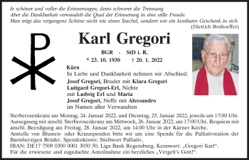 Traueranzeige von Karl Gregori von Mittelbayerische Zeitung Regensburg