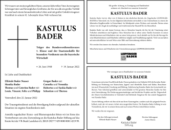 Traueranzeige von Kastulus Bader von Mittelbayerische Zeitung Gesamtausgabe