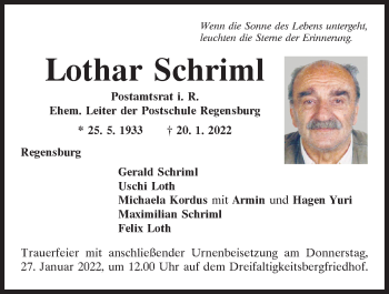 Traueranzeige von Lothar Schriml von Mittelbayerische Zeitung Regensburg