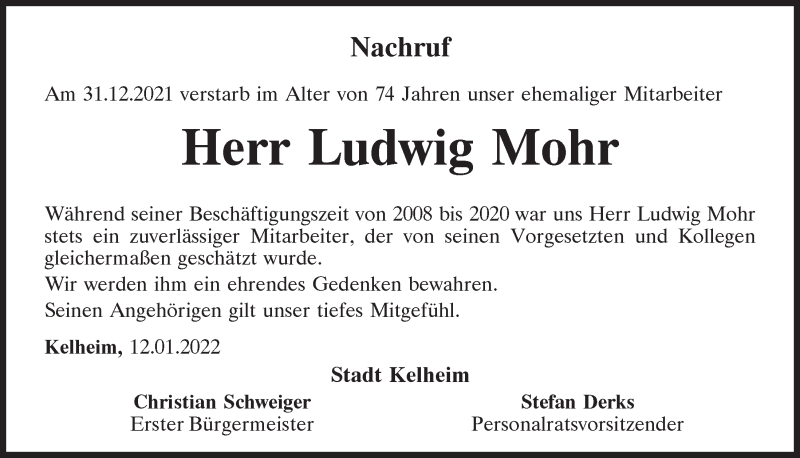  Traueranzeige für Ludwig Mohr vom 12.01.2022 aus Mittelbayerische Zeitung Kelheim