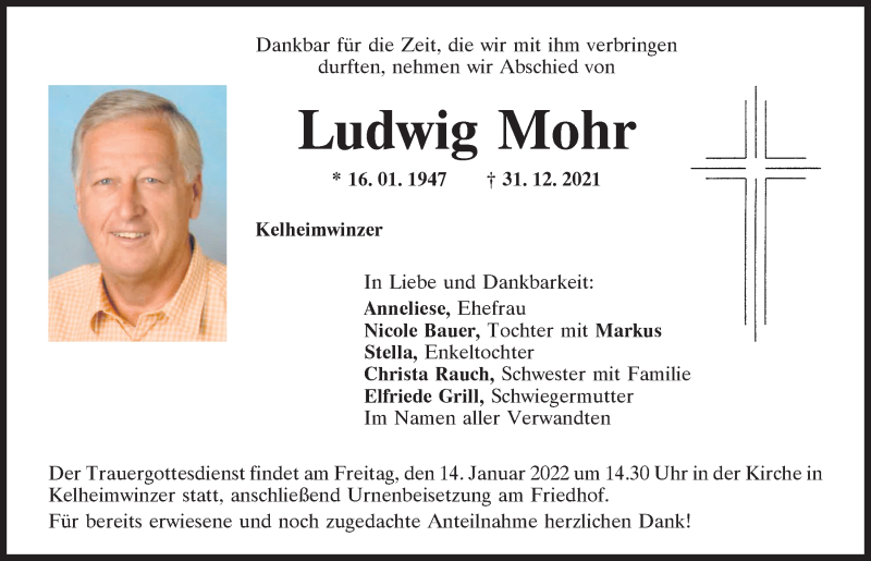  Traueranzeige für Ludwig Mohr vom 11.01.2022 aus Mittelbayerische Zeitung Kelheim