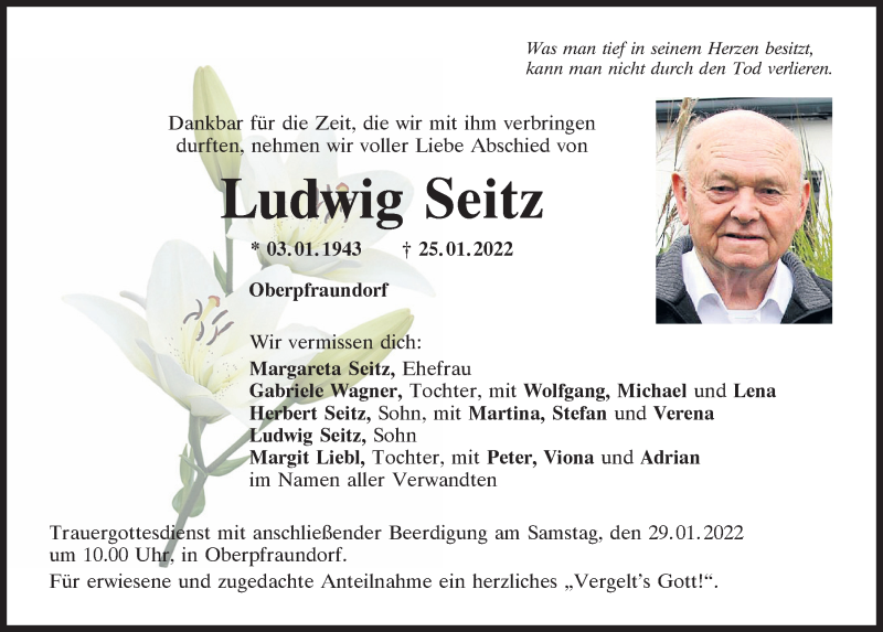  Traueranzeige für Ludwig Seitz vom 27.01.2022 aus Mittelbayerische Zeitung Regensburg