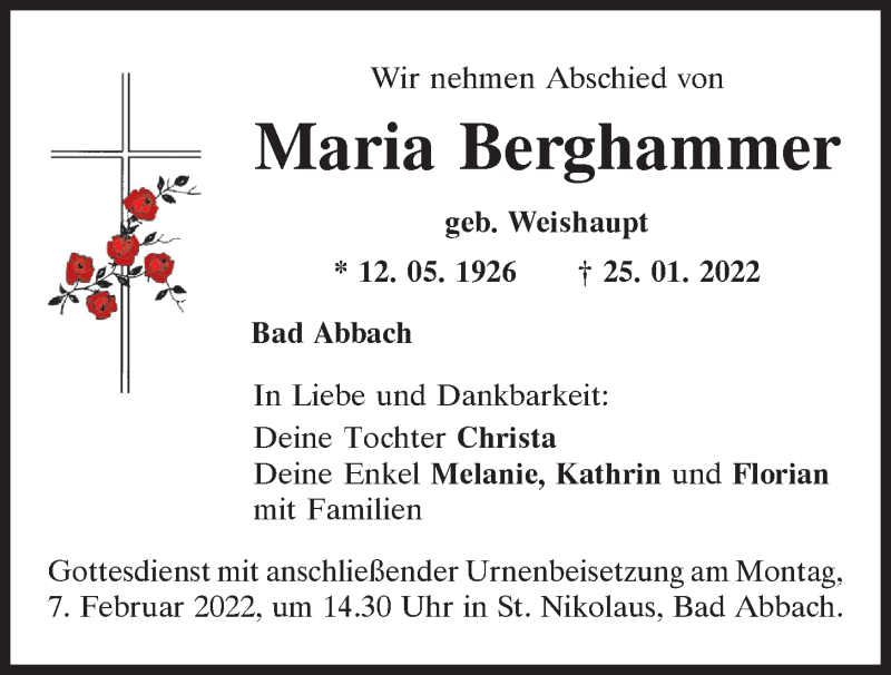  Traueranzeige für Maria Berghammer vom 29.01.2022 aus Mittelbayerische Zeitung Regensburg