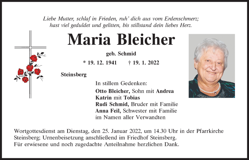  Traueranzeige für Maria Bleicher vom 22.01.2022 aus Mittelbayerische Zeitung Regensburg