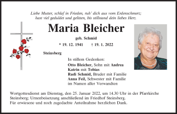 Traueranzeige von Maria Bleicher von Mittelbayerische Zeitung Regensburg