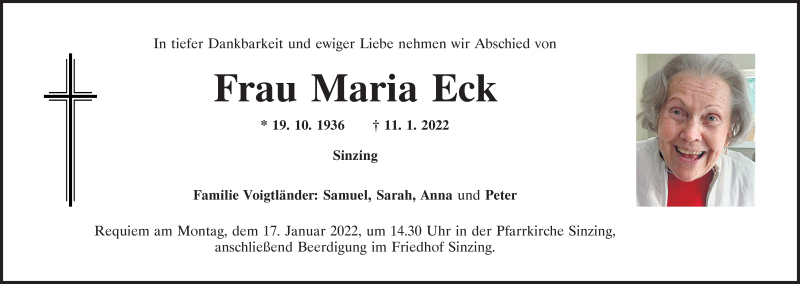  Traueranzeige für Maria Eck vom 14.01.2022 aus Mittelbayerische Zeitung Regensburg