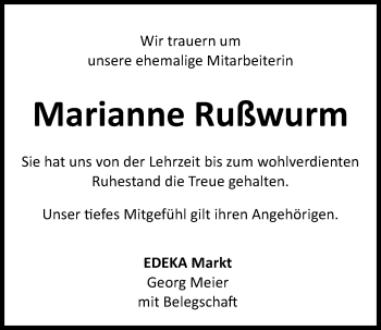 Traueranzeige von Marianne Rußwurm von Mittelbayerische Zeitung Kelheim