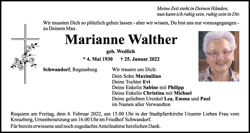  Traueranzeige für Marianne Walther vom 29.01.2022 aus Mittelbayerische Zeitung Schwandorf