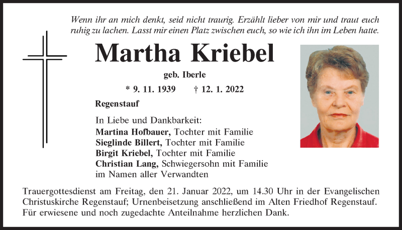  Traueranzeige für Martha Kriebel vom 15.01.2022 aus Mittelbayerische Zeitung Regensburg