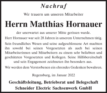 Traueranzeige von Matthias Hornauer von Mittelbayerische Zeitung Regensburg
