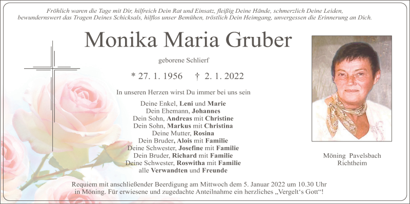  Traueranzeige für Monika Maria Gruber vom 03.01.2022 aus Neumarkter Tagblatt