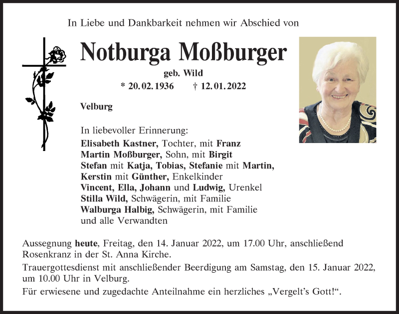  Traueranzeige für Notburga Moßburger vom 14.01.2022 aus Neumarkter Tagblatt