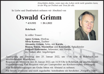 Traueranzeige von Oswald Grimm von Mittelbayerische Zeitung Regensburg