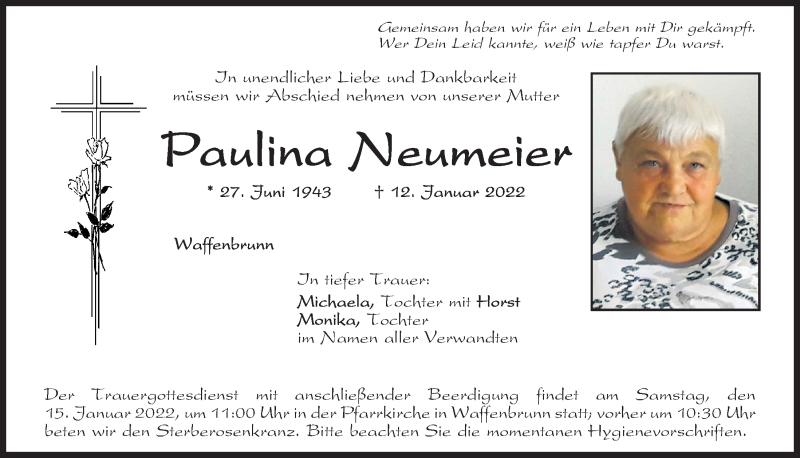  Traueranzeige für Paulina Neumeier vom 13.01.2022 aus Bayerwald Echo
