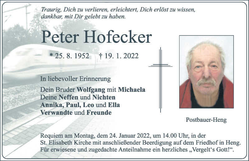  Traueranzeige für Peter Hofecker vom 22.01.2022 aus Neumarkter Tagblatt